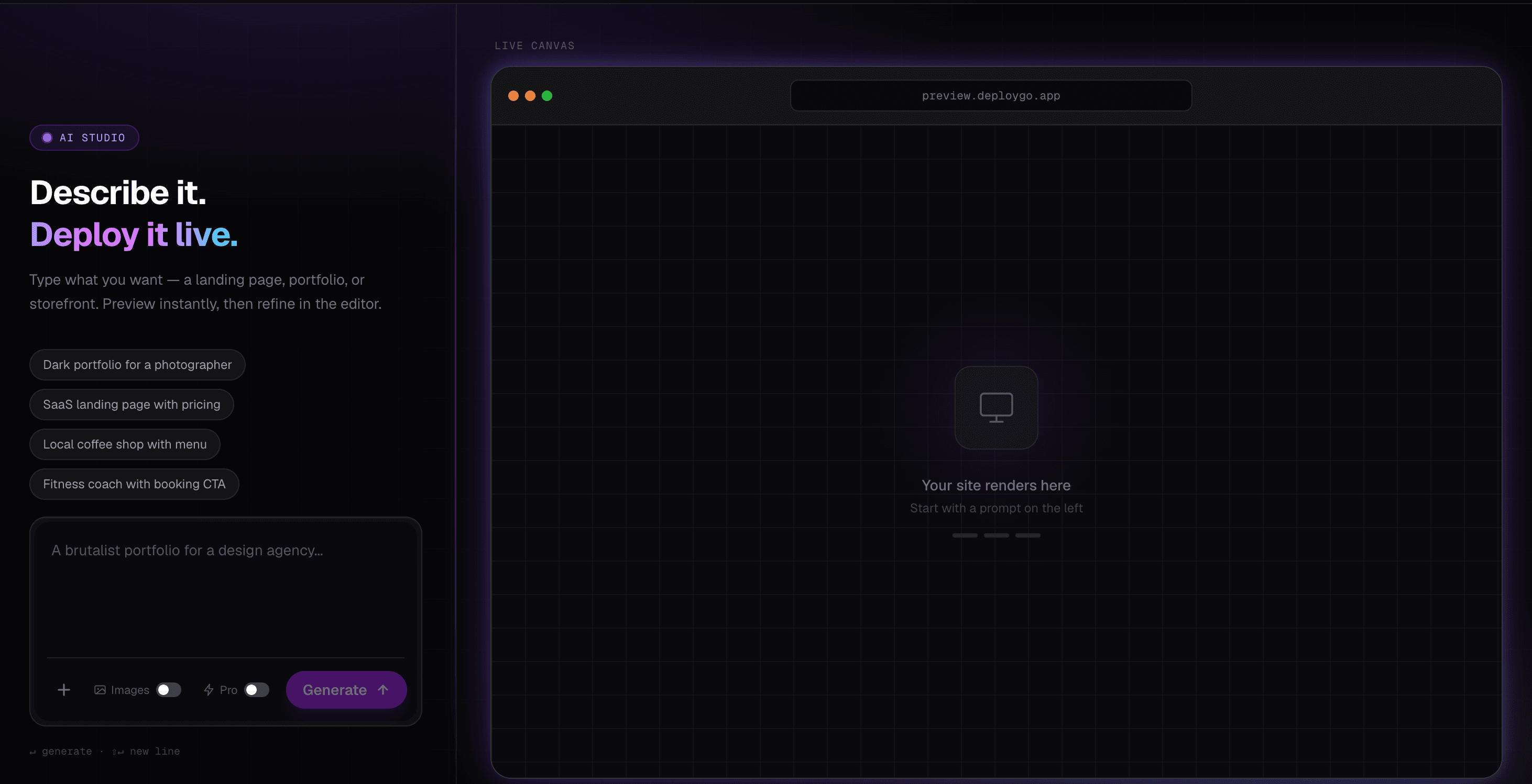 DeployGo AI website generator studio with automated web deployment preview