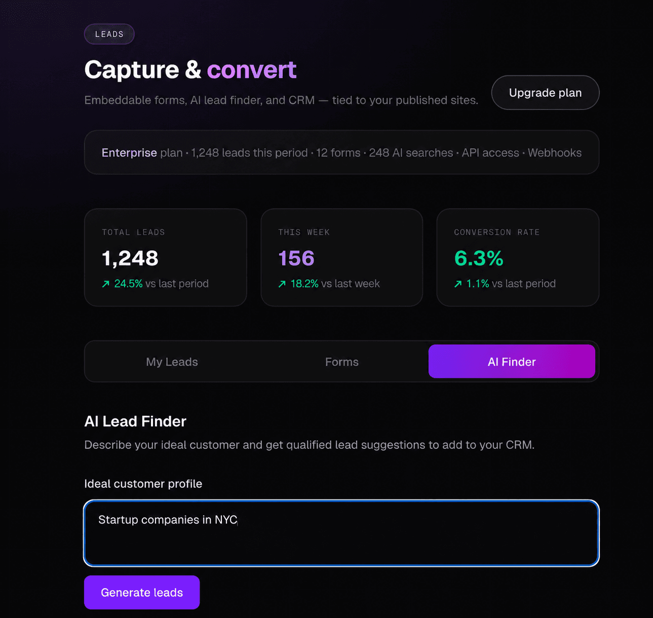 DeployGo integrated lead capture dashboard with forms and AI lead finder